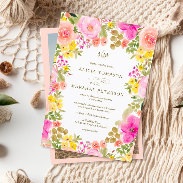 Convites Casamento de fotos do Jardim de Flores Selvagens C (Chic Boho wildflowers garden photo wedding Invitation)