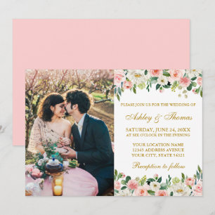 Convites Casamento de Fotos Douradas Florais Branco Cor-de-