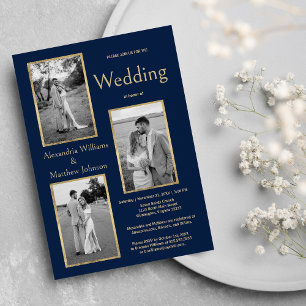 Convites Casamento de Fotos Dourado Azul-Marinho Simples El
