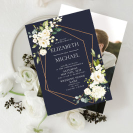 Convites Casamento de Fotos Elegante Azul Branco Geométrico