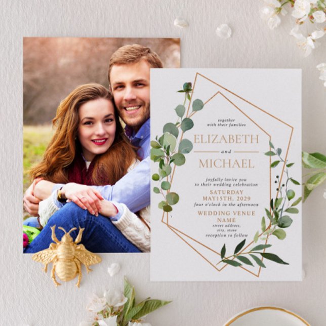 Convites Casamento de Fotos Elegante Eucalyptus Geométrico  (Criador carregado)