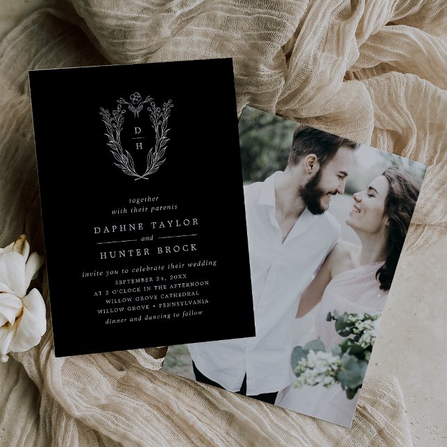 Convites Casamento de Fotos Elegante Negra Negra Negra-Negr (DAPHNE Botanical Dark Black Elegant Photo Wedding Invitation)