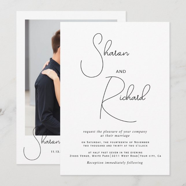 Convites Casamento de fotos em preto e branco com caligrafi (Frente/Verso)