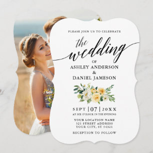 Convites Casamento de Fotos Florais Amarelas da Caligrafia 