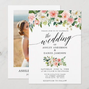 Convites Casamento De Fotos Florais De Blush De Caligrafia