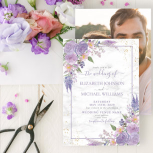 Convites Casamento de Fotos Florais Douradas da Lavanda Rú