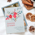 Convites Casamento de fotos florais vermelho de neve do inv<br><div class="desc">Um inverno e um Natal floral vermelho,  azul empoeirado,  azul-marinho em azul-gelo com flocos de neve brancos convite para o casamento com flores bonito numa coroa floral de aquarela com uma fonte moderna,  adicione suas iniciais ou monograma e foto.</div>