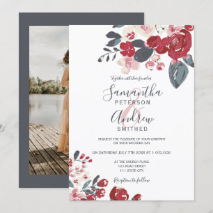 Convites Casamento de fotos florais vermelho empoeirado