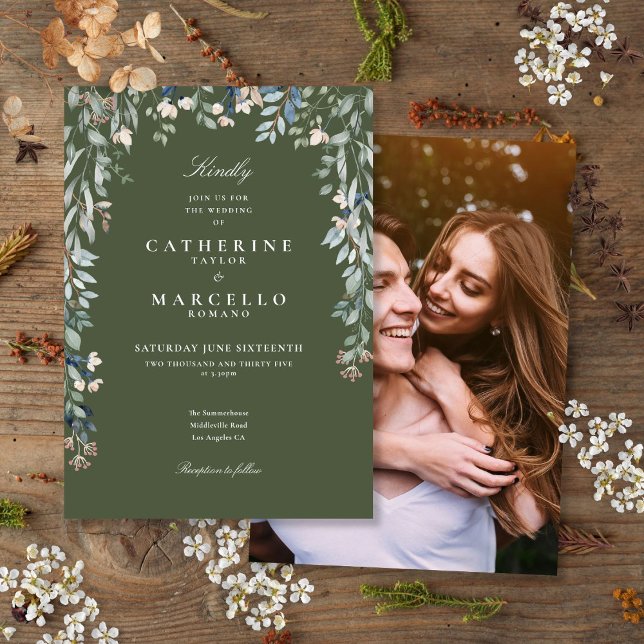 Convites Casamento de Fotos Floral de Olive Green (Olive Green Wildflowers Floral Photo Wedding Invitation)