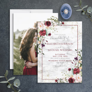 Convites Casamento De Fotos Flóridas Rosa-Rosa Com Blush Bu