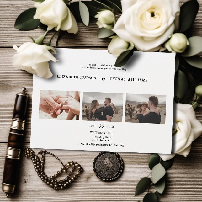 Convites Casamento de Fotos Formais do Country Western Blac (country western black white wedding invitation vintage 3 photos frame formal elegant modern ranch)