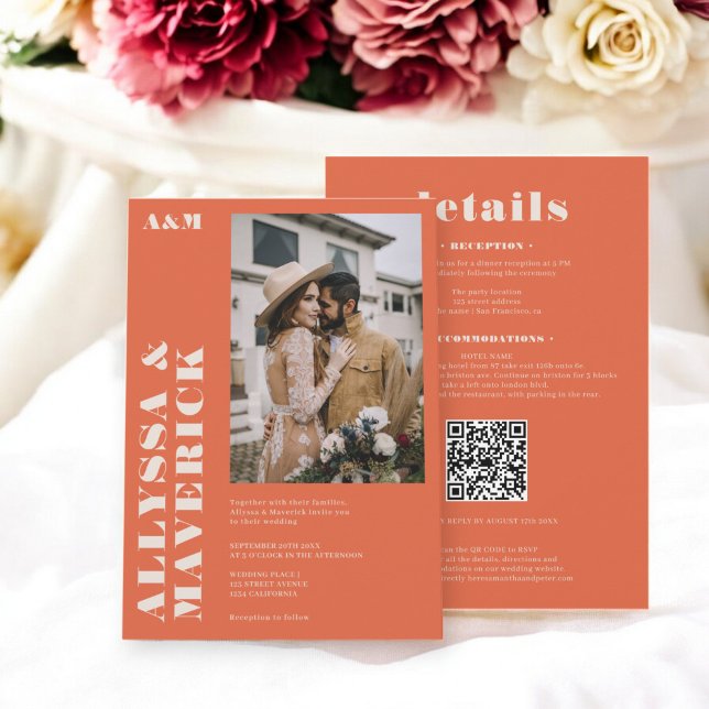 Convites Casamento de fotos laranja do Elegant Bold boho be (Elegant Bold boho beige orange photo wedding Invitation)
