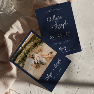 Convites Casamento de Fotos Moderna Minimalista Azul-Marinh