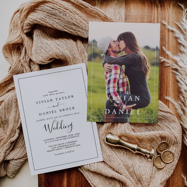 Convites Casamento de Fotos Moderna Russo de Boho Simples e (Minimalist Simple Boho Modern Rustic Photo Wedding Invitation)