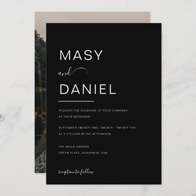 Convites Casamento de Fotos Romântica Negra-Elegante Minima (Frente/Verso)