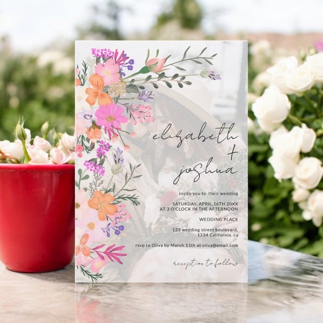 Convites Casamento de fotos românticas de flores selvagens  (Romantic pastel wild flowers photo wedding invitation)