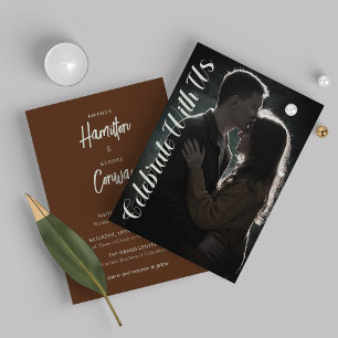 Convites Casamento de Fotos Rustic Brown, Script Elegante