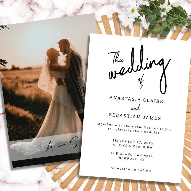 Convites Casamento de Fotos Simples, Preto e Branco (Simple Modern Black and White Photo Wedding Invitation)