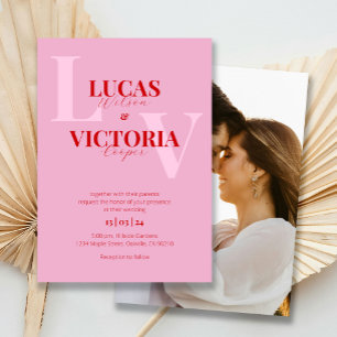 Convites Casamento de Fotos Vermelha e Rosa Brilhante