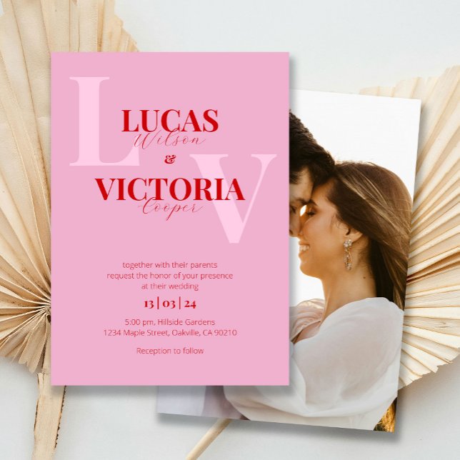 Convites Casamento de Fotos Vermelha e Rosa Brilhante (Criador carregado)