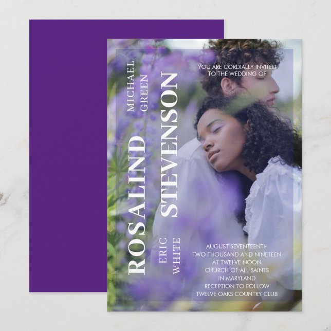 Convites Casamento de Fotos Violeta Mínima Casual (Frente/Verso)