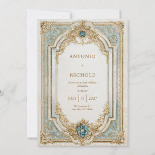 Convites Casamento de Frame Azul e Ornamentado Dourado vito