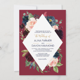 Convites Casamento de Frame Botânico Burgundy marinho II