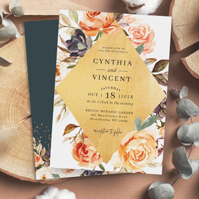 Convites Casamento de Frame de Diamante Dourado do Autumn F (Make your wedding invitation as special as your big day with this customizable design!)