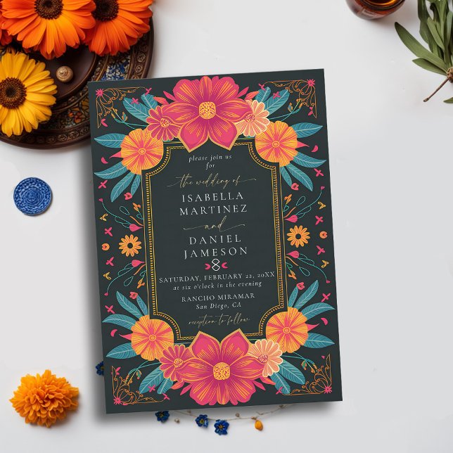 Convites Casamento de Frame de Flores de Rancho Elegante Me (rancho mexican wedding invitation fiesta hacienda watercolor floral frame elegant modern classy)