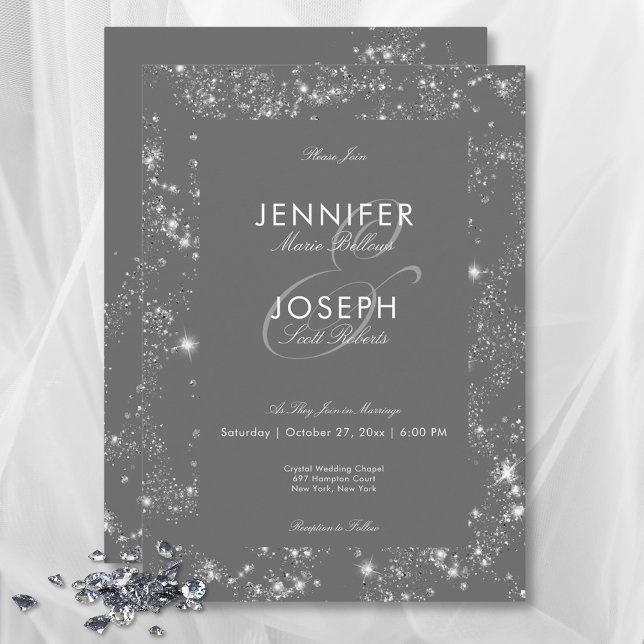 Convites Casamento de Frame de Glam Diamond, Cinza Mínima M (Modern Minimal Gray Glam Diamond Frame Wedding Invitation)