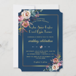 Convites Casamento de Frame de Ouro Floral Azul Glam Dusty