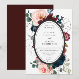 Convites Casamento de Frame de Oval Floral do Marinho Blush