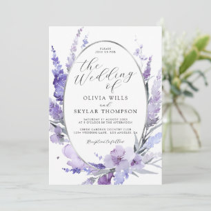 Convites Casamento de Frame de Prata Botânica com Lavanda F