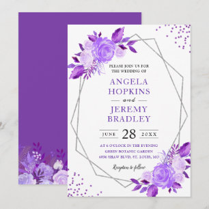 Convites Casamento de Frame de Prata Moderna Floral lavanda