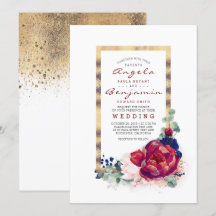Casamento de Frame Dourado Floral Azul-Borgonha e