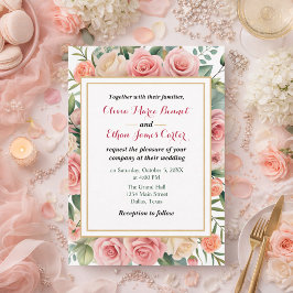 Convites Casamento de Frame Dourado Floral com Blush primav
