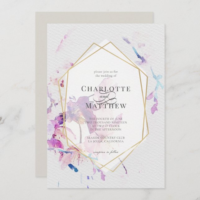 Convites Casamento de Frame Dourado Floral com cinza e Purp (Frente/Verso)
