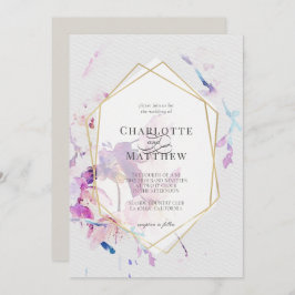 Convites Casamento de Frame Dourado Floral com cinza e Purp