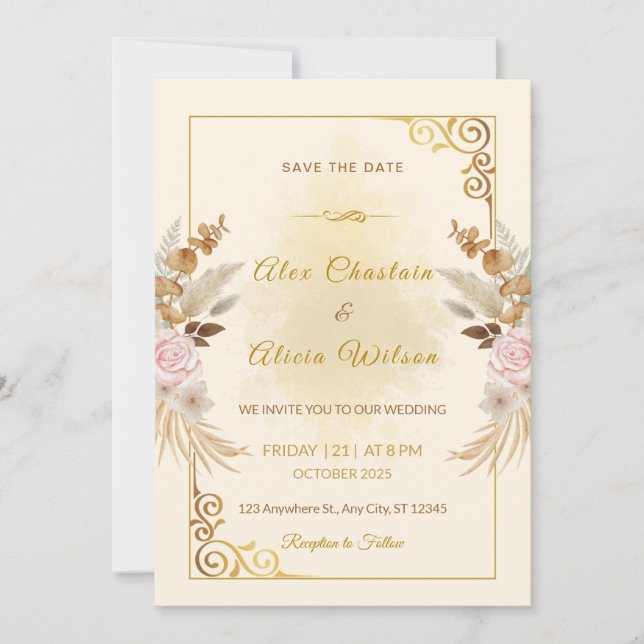 Convites Casamento de Frame Dourado Floral de Blush de outo (Frente)
