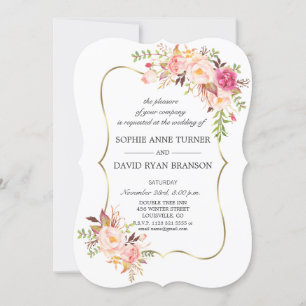 Convites Casamento de Frame Dourado Floral de Blush Rosa El