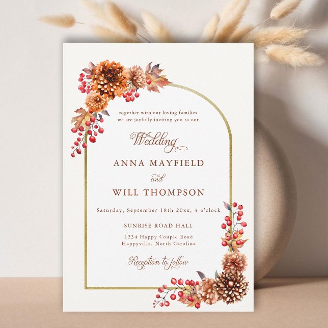 Convites Casamento de Frame Dourado Floral de Boho do outon (autumn foliage boho gold floral frame wedding invitation terracotta romantic calligraphy modern chic)