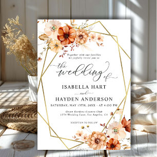 Convites Casamento de Frame Dourado Floral de Rust Beige