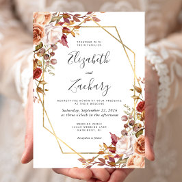Convites Casamento de Frame Dourado Floral do Autumn Waterc