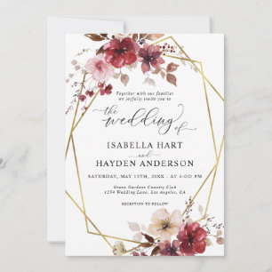 Convites Casamento de Frame Dourado Floral do Maroon Blush 
