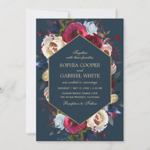 Convites Casamento de Frame Dourado Floral e Marinho Borgon