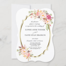 Convites Casamento de Frame Dourado Floral Rosa Romântico B