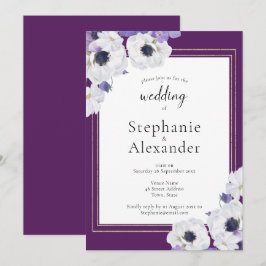 Convites Casamento de Frame Dourado Floral Roxo Real