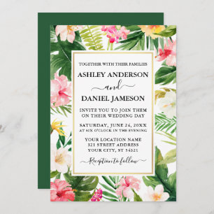 Convites Casamento de Frame Dourado Floral Tropical Waterco