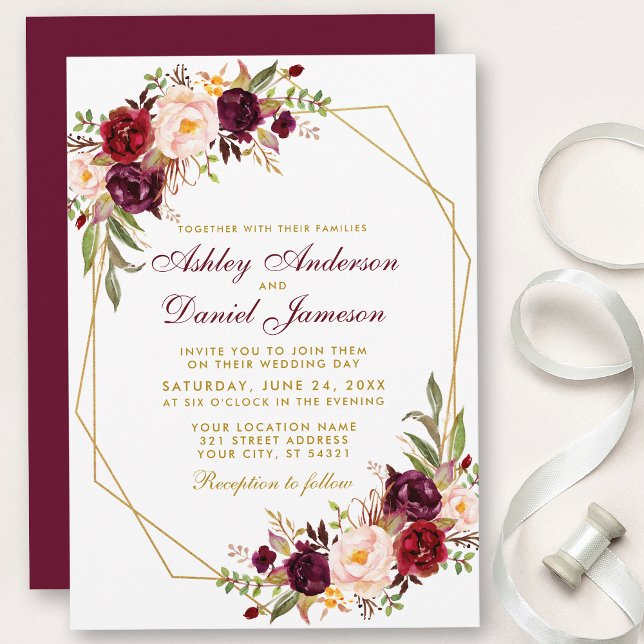 Convites Casamento de Frame Dourado Geométrico Floral Burgu (Customize to change text color, style, add text & photos to back or change color of back of card.)