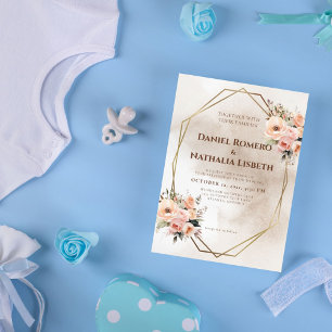 Convites Casamento de Frame Dourado Geométrico Rustic Flora